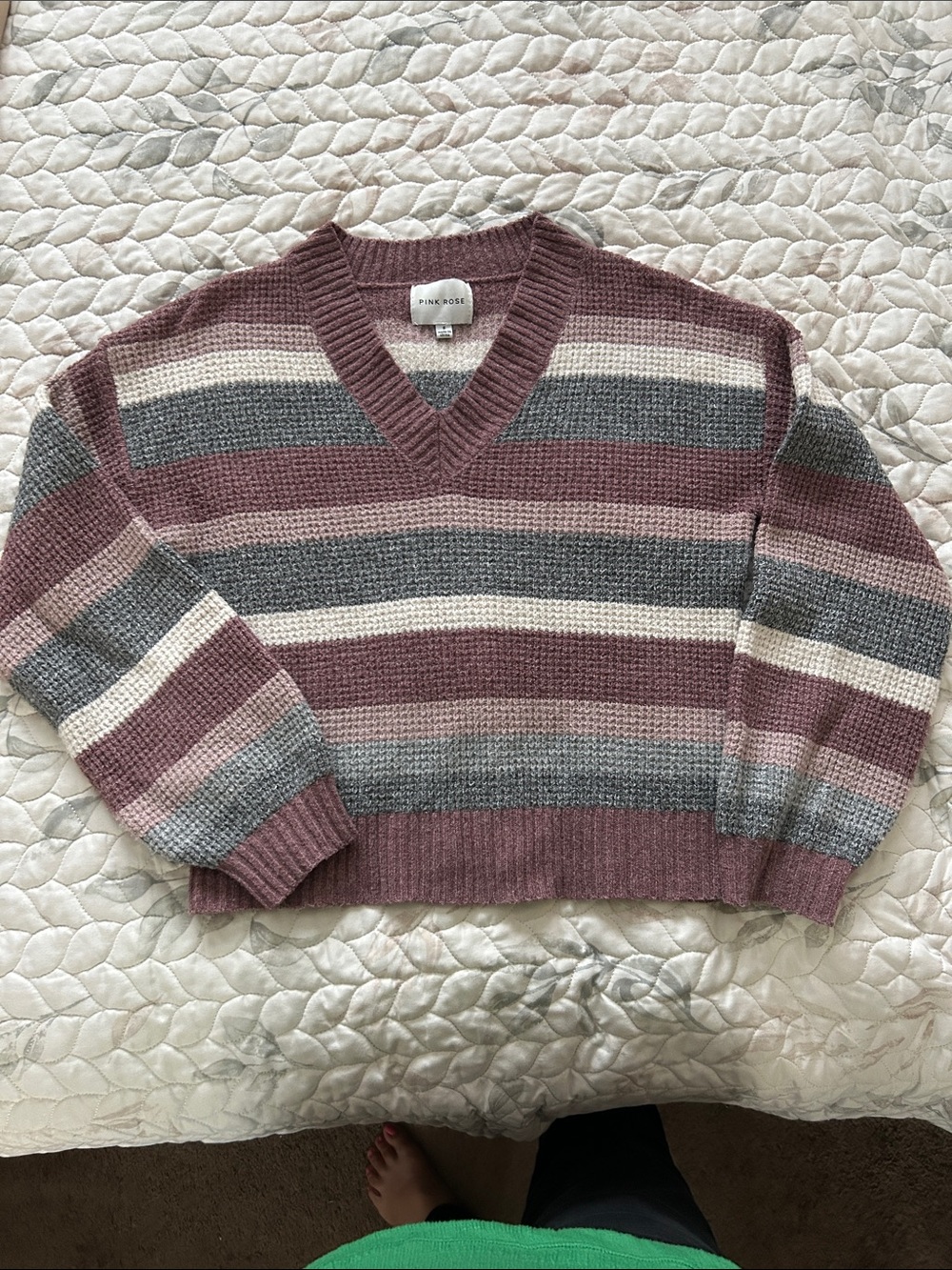 Pink Rose Striped V-Neck Sweater - Mauve, Gray & Cream